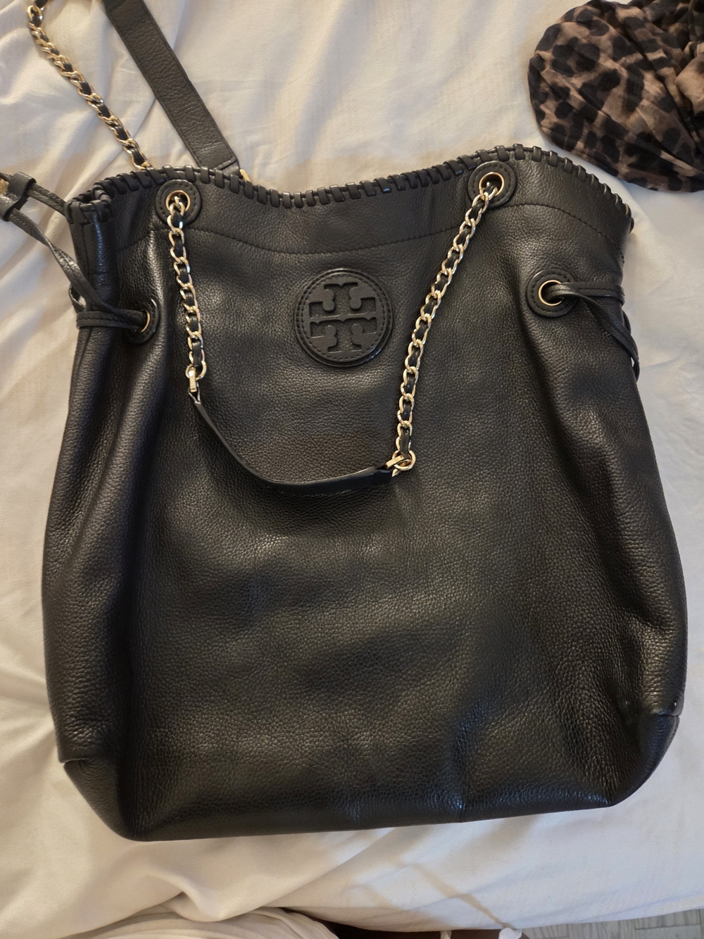 Tory Burch Black Leather Drawstring Chain-Handle Tote